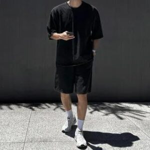 Short-Sleeve Round Neck Plain T-Shirt / Drawstring Waist Shorts Shorts - Black 280803199