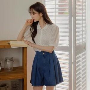 Pleated A-Line Denim Shorts Light Blue 280809129