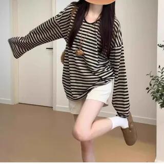 Long-Sleeve V-Neck Striped T-Shirt Stripe - Black by Sienne
