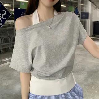 Mock Two-Piece Short-Sleeve Halter Cold-Shoulder Two Tone Tee Gray by Joyciful
