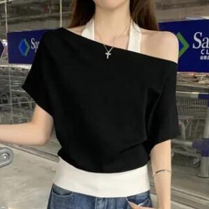 Mock Two-Piece Short-Sleeve Halter Cold-Shoulder Two Tone Tee Black 280824344