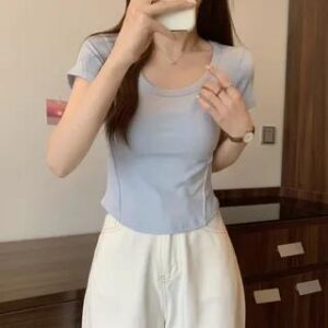 Short Sleeve Scoop Neck Plain Panel Tee Blue 280843447