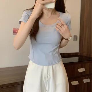 Short Sleeve Scoop Neck Plain Panel Tee Blue by Daybreak