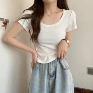 Short Sleeve Scoop Neck Plain Panel Tee White 280843448