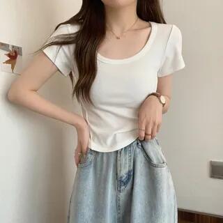 Short Sleeve Scoop Neck Plain Panel Tee White by Daybreak