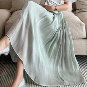 High Waist Plain Midi Pleated Skirt Light Green 280882391