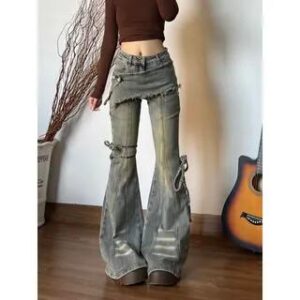 Mid Waist Washed Skirt Overlay Bell Bottom Jeans Blue 280890659