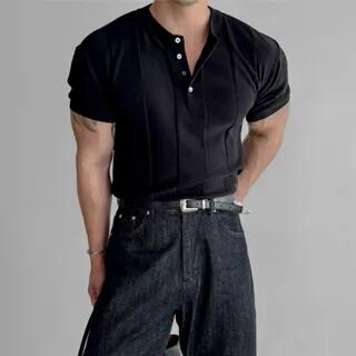 Short-Sleeve Henley Plain Knit Top Black by DuckleBeam