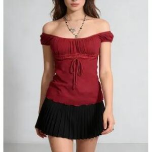 Short Sleeve Off Shoulder Plain Lace Panel Tie-Front Sheer Top Pink 280931499