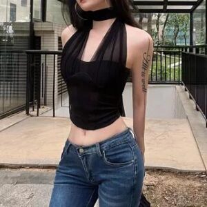 Halter Neck Plain Mesh Panel Corset Top Black 280972589