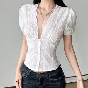 Short Sleeve V-Neck Plain Lace Slim-Fit Crop Shirt Pink 280972591