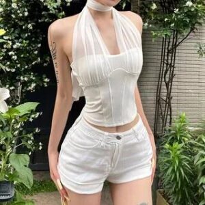Halter Neck Plain Mesh Panel Corset Top White 280972601