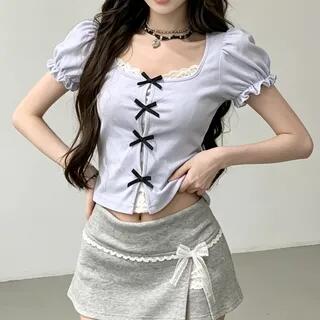 Short Sleeve Square Neck Bow Mock Two Piece Panel Lace Top Blue by Faiar