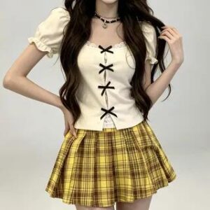 Short Sleeve Square Neck Bow Mock Two Piece Panel Lace Top Beige 280972636