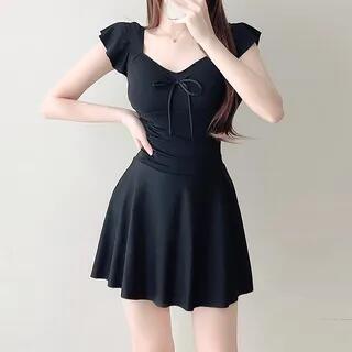 Short-Sleeve Plain Swim Dress Black by Serendo