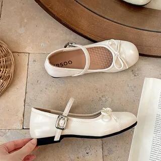 Ribbon Accent Mary Jane Flats Beige - 37 by Queen Zoo