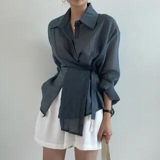 Long-Sleeve Plain Asymmetrical Sashed Shirt Ash Gray by Bigfol