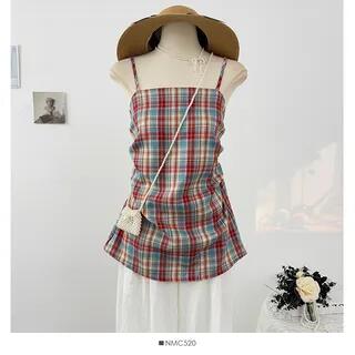 Plaid Open-Back Slim-Fit Cami Top Red by Lemongrass