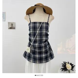 Plaid Open-Back Slim-Fit Cami Top Black by Lemongrass