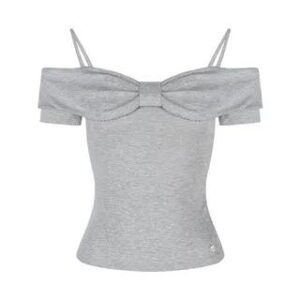 Short-Sleeve Cold-Shoulder Plain Bow Tee Gray 280992797