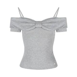 Short-Sleeve Cold-Shoulder Plain Bow Tee Gray by Hollahop