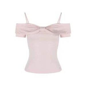 Short-Sleeve Cold-Shoulder Plain Bow Tee Pink 280992815