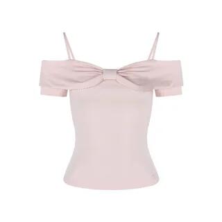 Short-Sleeve Cold-Shoulder Plain Bow Tee Pink by Hollahop