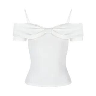 Short-Sleeve Cold-Shoulder Plain Bow Tee White by Hollahop