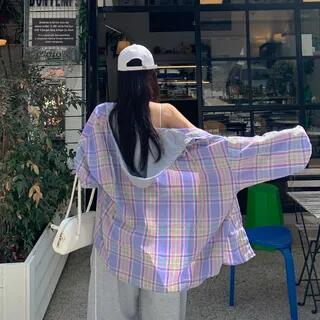 Hooded Oversized Plaid Shirt Purple by DEEPNY