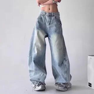 Mid Rise Washed Barrel Baggy Jeans Blue by Kenning