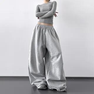 Drawstring Waist Plain Panel Baggy Sweatpants Gray by Superduper