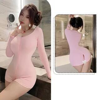Long-Sleeve Zip-Up Plain Bodysuit Pink by Candyiry