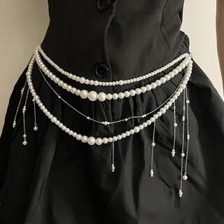 Faux Pearl Layered Waist Chain Belt Z-4142 - White | CIMAO by CIMAO