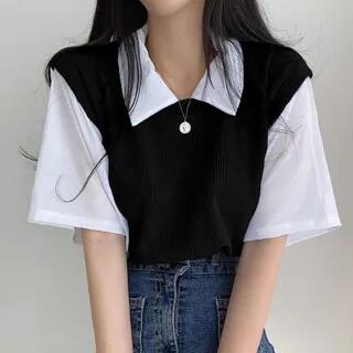 Short-Sleeve Collared Two Tone Mock Two-Piece Ribbed T-Shirt Black by Rosesand