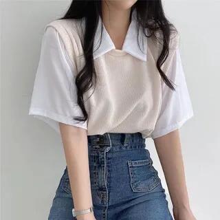 Short-Sleeve Collared Two Tone Mock Two-Piece Ribbed T-Shirt Almond by Rosesand