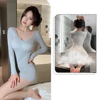 Long-Sleeve Zip-Up Plain Bodysuit Gray by Candyiry