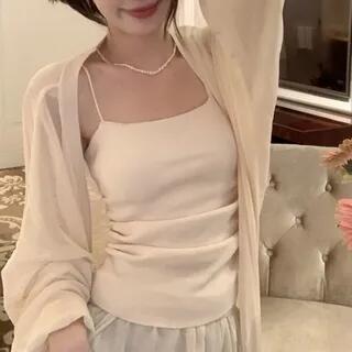 Plain Ruched Camisole Top / Midi Open Front Cardigan / Elastic Waist Plain Maxi A-Line Skirt Camisole Top - Almond by Moon City