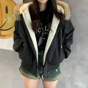 Furry Trim Hooded Zip-Up Jacket Black 281050117
