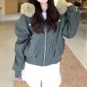 Furry Trim Hooded Zip-Up Jacket Grayish Green 281050118