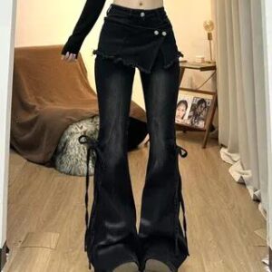 Mid Waist Washed Frayed Skirt Overlay Bell Bottom Jeans Black 281050132