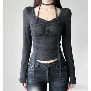 [S] Long Sleeve Square Neck Lace-Trim Ruched Slim-Fit Crop Top Dark Gray by Sosana