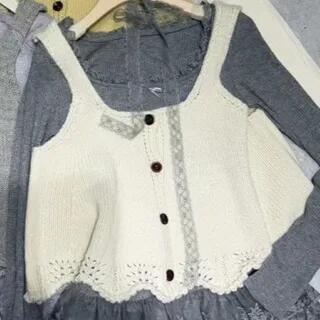 Long Sleeve Scoop Neck Plain Ruffle Panel Lace Top / Plain Button Sweater Vest Vest - Almond by Joyciful