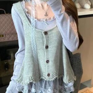 Long Sleeve Scoop Neck Plain Ruffle Panel Lace Top / Plain Button Sweater Vest Vest - Gray 281050290