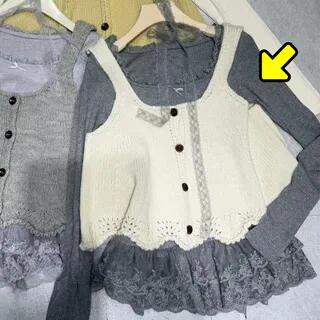 Long Sleeve Scoop Neck Plain Ruffle Panel Lace Top / Plain Button Sweater Vest Top - Gray by Joyciful