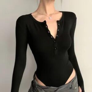 Long-Sleeve Crew Neck Half-Buttoned Plain Bodysuit Top Black 281065260