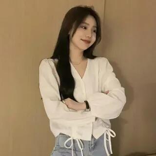Long-Sleeve V-Neck Plain Drawstring Blouse White by Bigfol