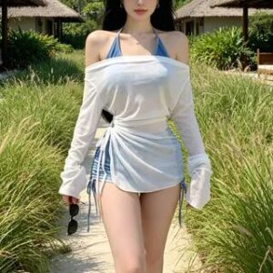 Set: Halter Tie Dye Bikini Top + Drawstring Swim Shorts + Long Sleeve Off Shoulder Plain Top 2567 - Set of 3 - Bikini Top & Swim Shorts & Long Sleeve Top - Blue & Blue & White 281093330