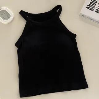 Halter Neck Plain Ribbed Padded Tank Top Black by Faiar