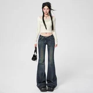 Low Waist Washed Flared Jeans (Various Designs) Normal - Dark Blue by Denimot