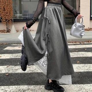 High Waist Lace Panel Bow Accent Midi A-Line Skirt Gray by Rosesand